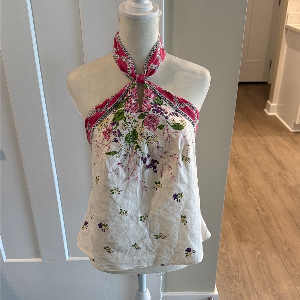 LOFT Cream Halter Camisole with Pink Floral Bandana Neck